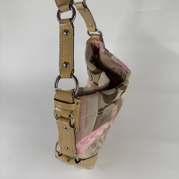 Coach Patchwork Shoulder Bag Pink Tan Multi Fabric Leather Trim 14”x10” - Picture 3 of 7